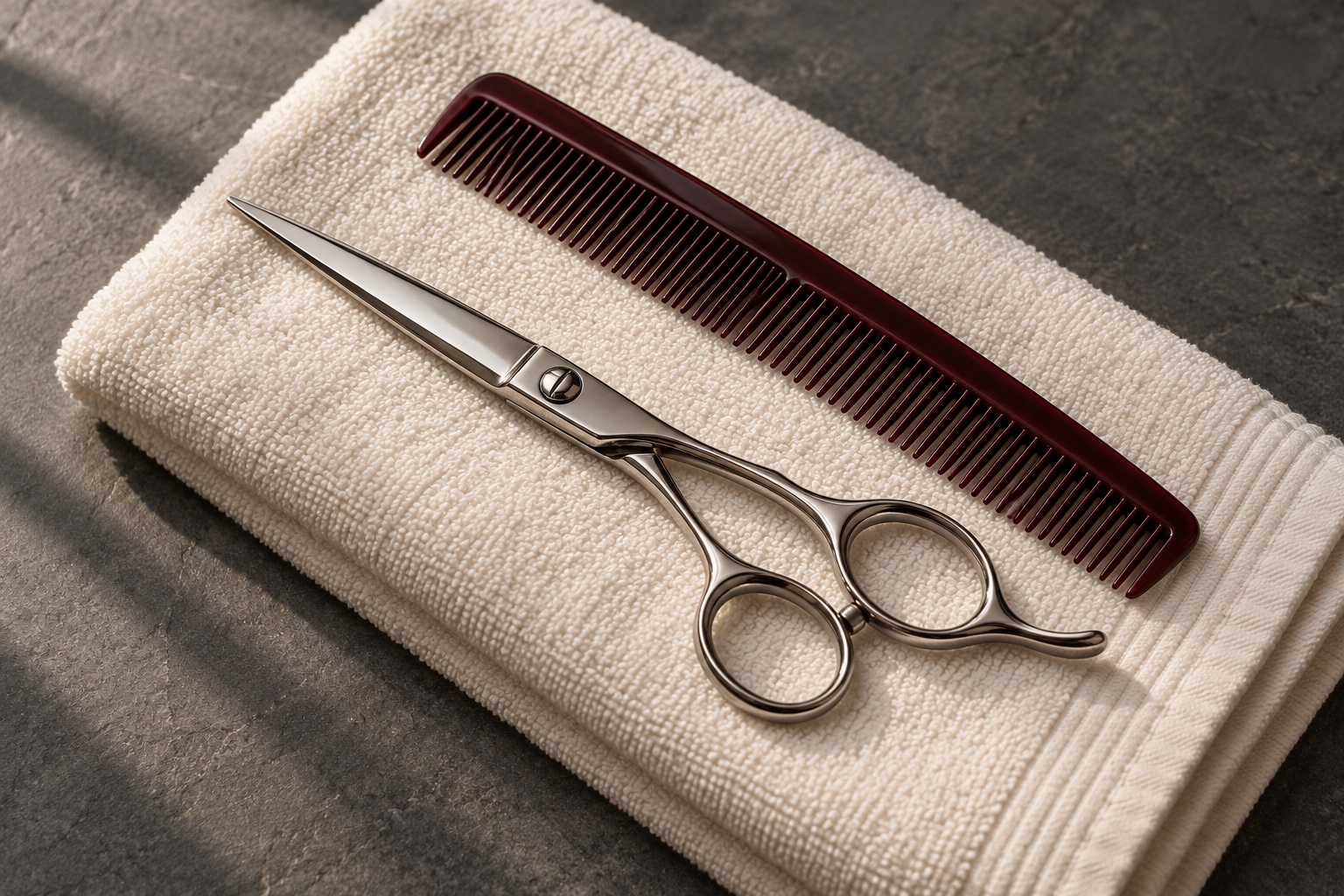 Illustrative still life of barber scissors and a burgundy comb on a cream towel